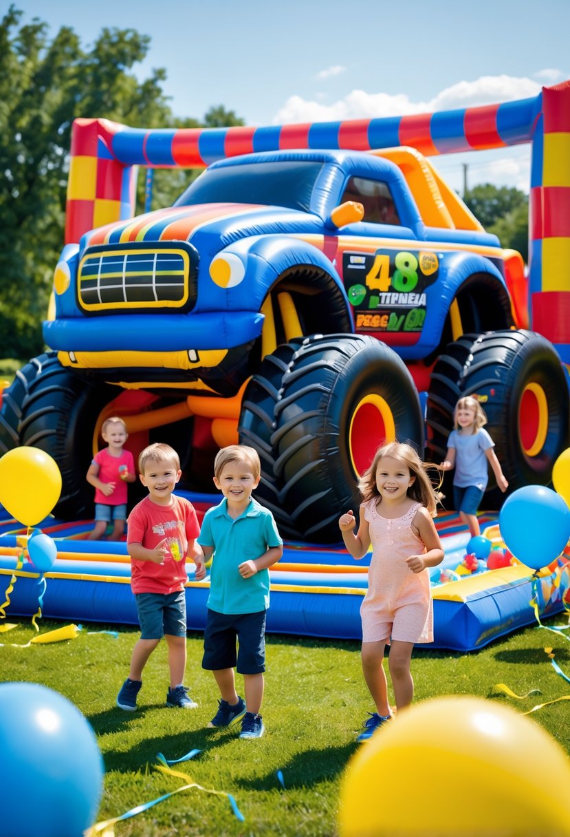 Children playing around a giant inflatable monster truck at an outdoor birthday party with colorful balloons and decorations.
