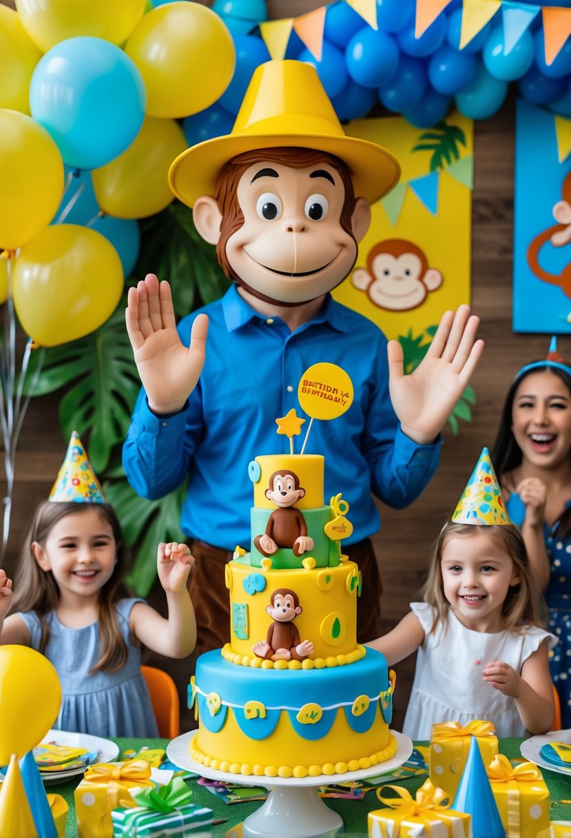 A birthday party with a life-sized Man with the Yellow Hat figure, colorful decorations, a themed cake, and people celebrating.