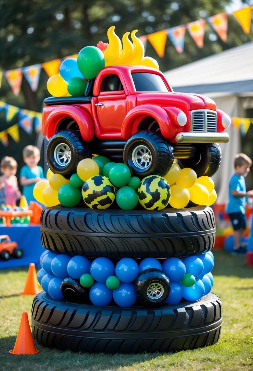 A stack of tires decorated with colorful balloons at a children's monster truck birthday party with kids playing nearby.