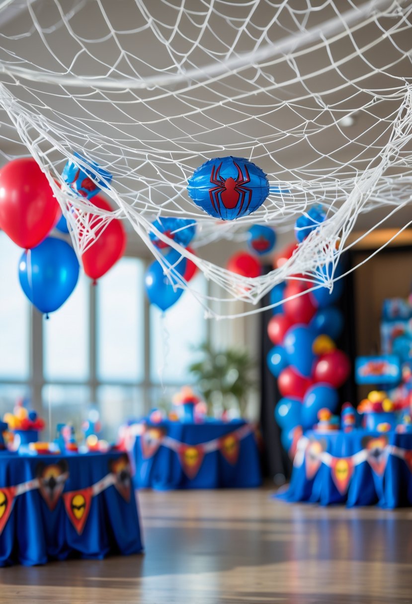 Spider-Man themed birthday party with spider web decorations hanging from the ceiling and colorful superhero party supplies.