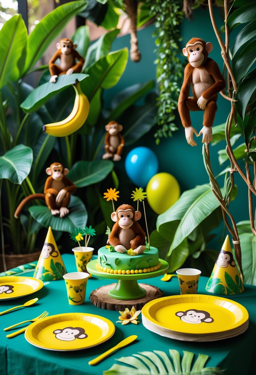 A colorful jungle-themed birthday party setup with monkey decorations, tropical leaves, balloons, and a decorated party table.