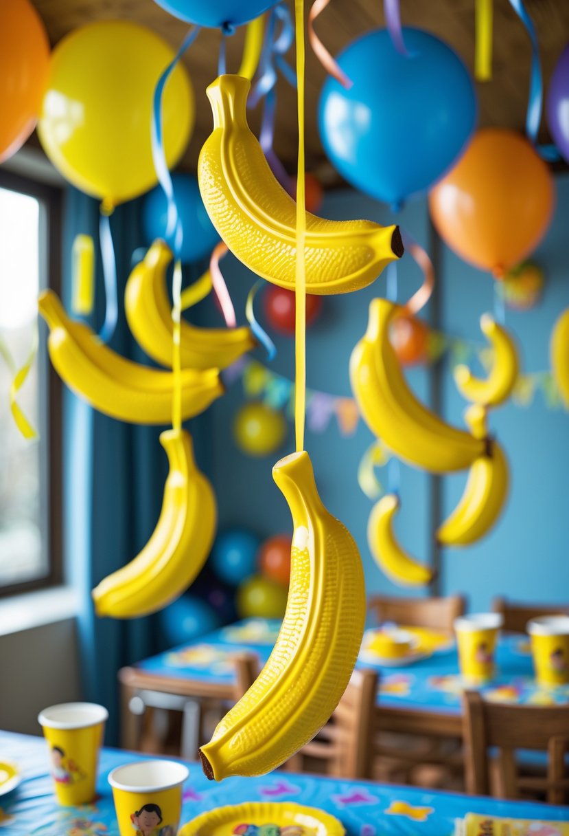 A party scene with banana-shaped hanging decorations and colorful balloons in a room decorated for a birthday celebration.
