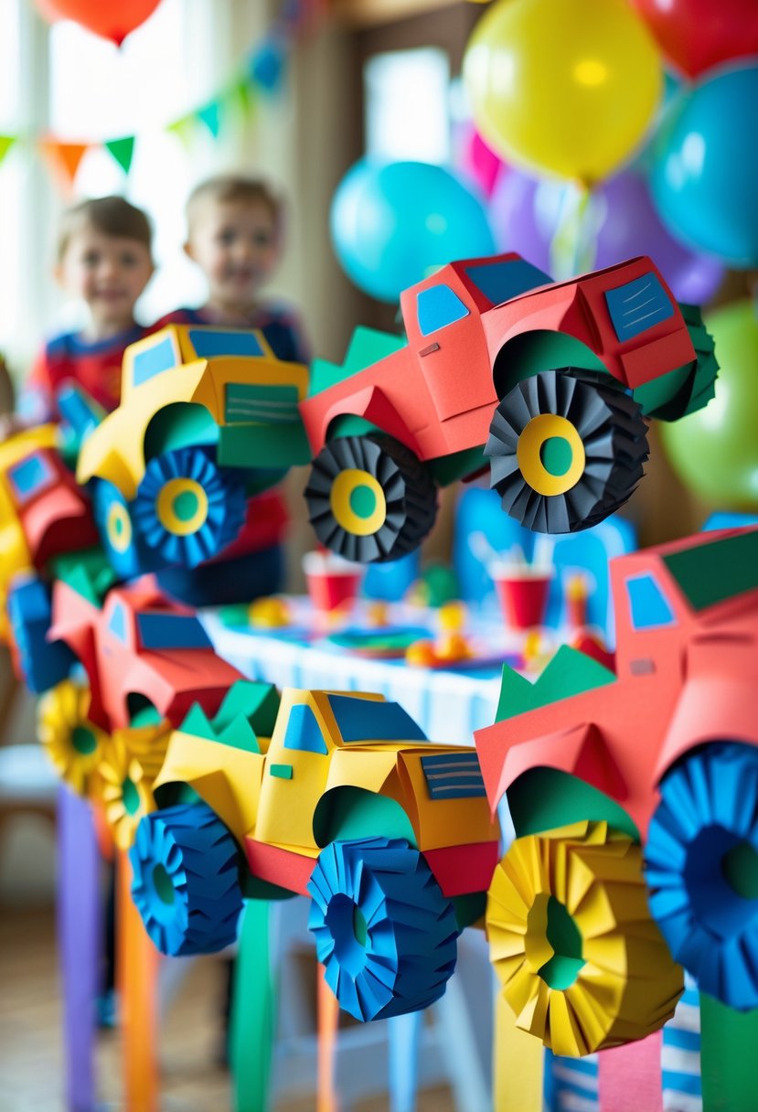 A colorful paper monster truck garland hanging above a decorated birthday party table with balloons and party supplies.