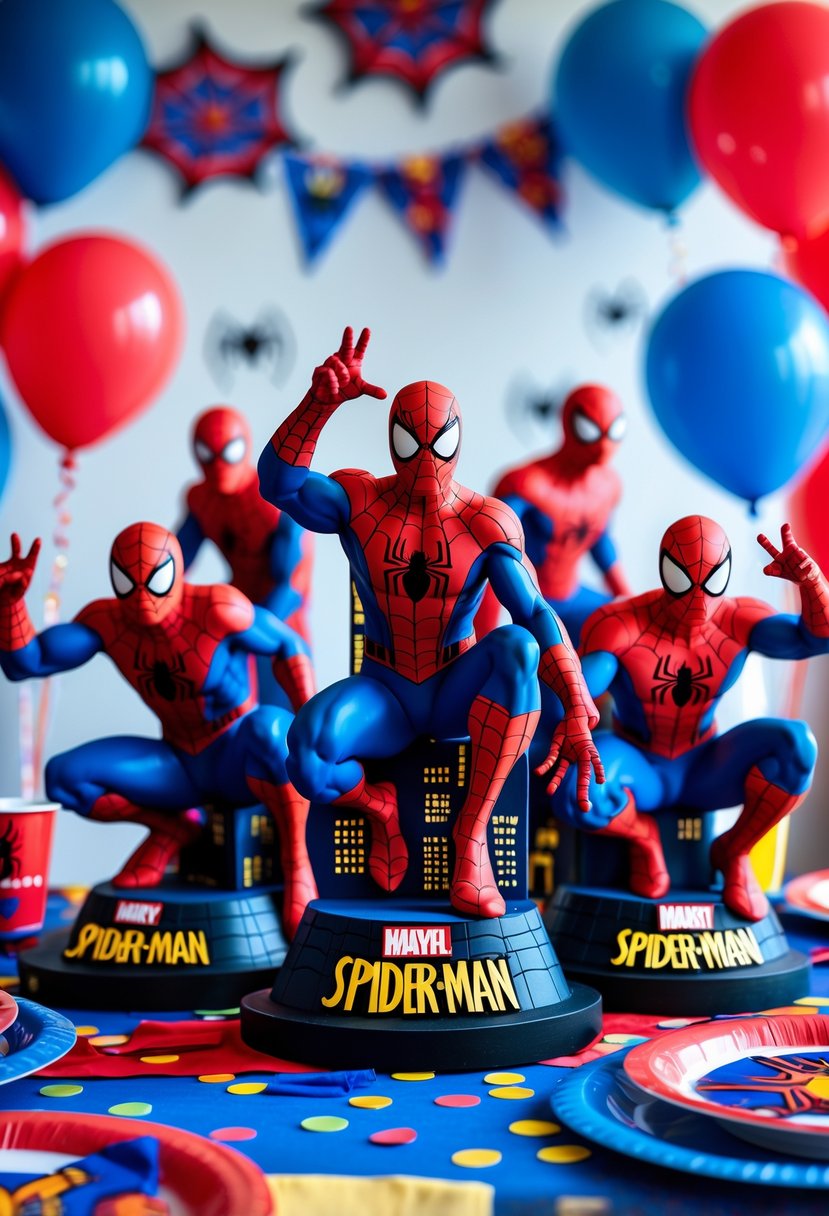 A birthday party table decorated with Spider-Man figurines and superhero-themed decorations including balloons and spider web patterns.