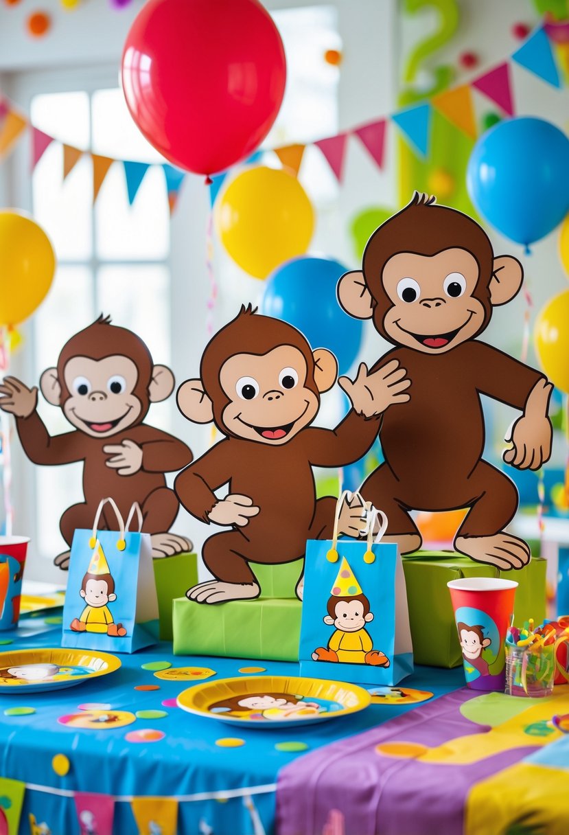 A children's birthday party setup with multiple Curious George standees surrounded by colorful balloons, decorations, and party supplies.