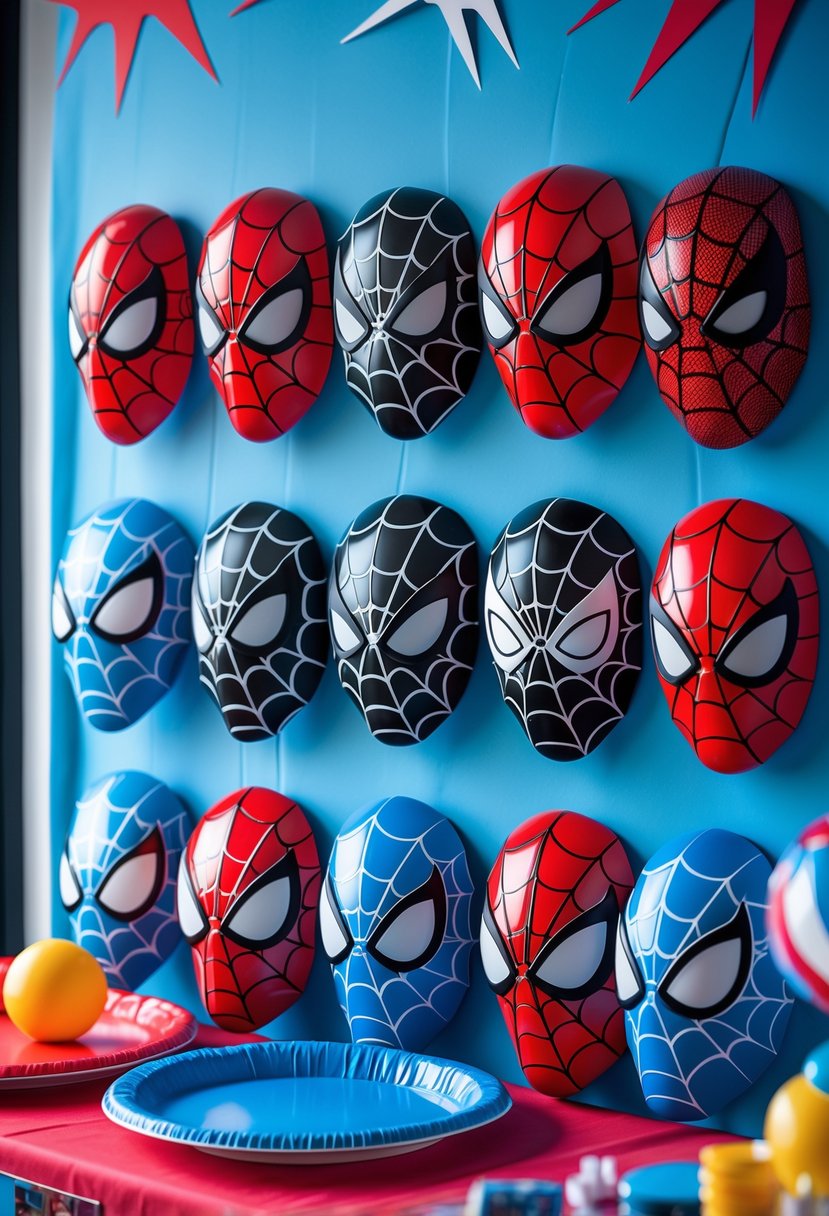 A wall decorated with multiple Spider-Man mask decals arranged for a superhero-themed birthday party.