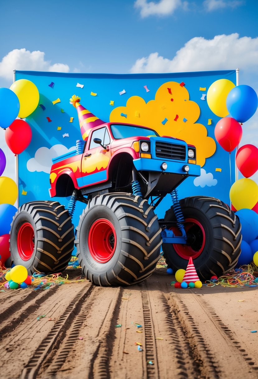 A colorful monster truck backdrop with balloons and confetti for a kids' birthday party photo area.