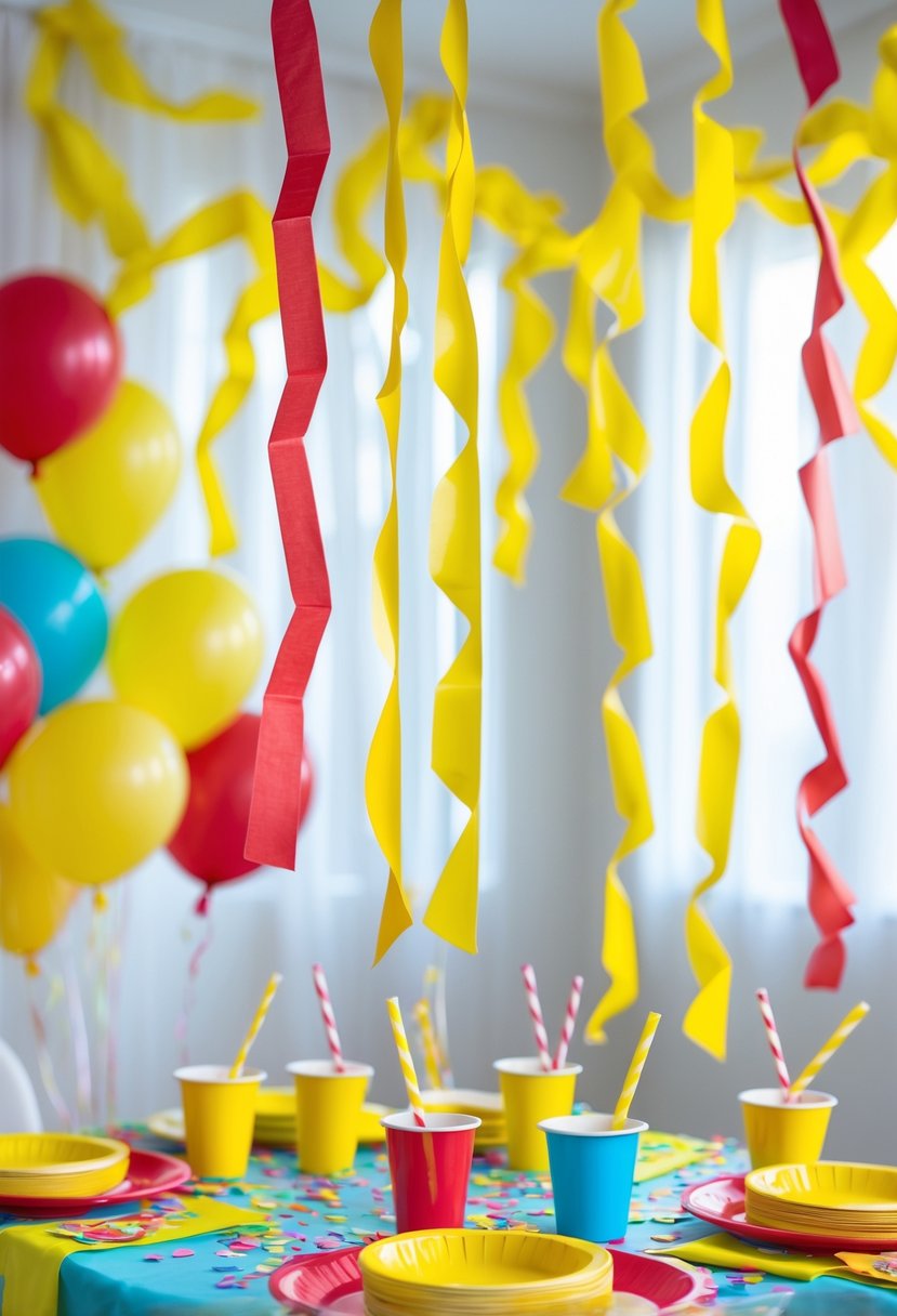 A birthday party setup with yellow and red streamers, balloons, and a decorated table with party supplies.