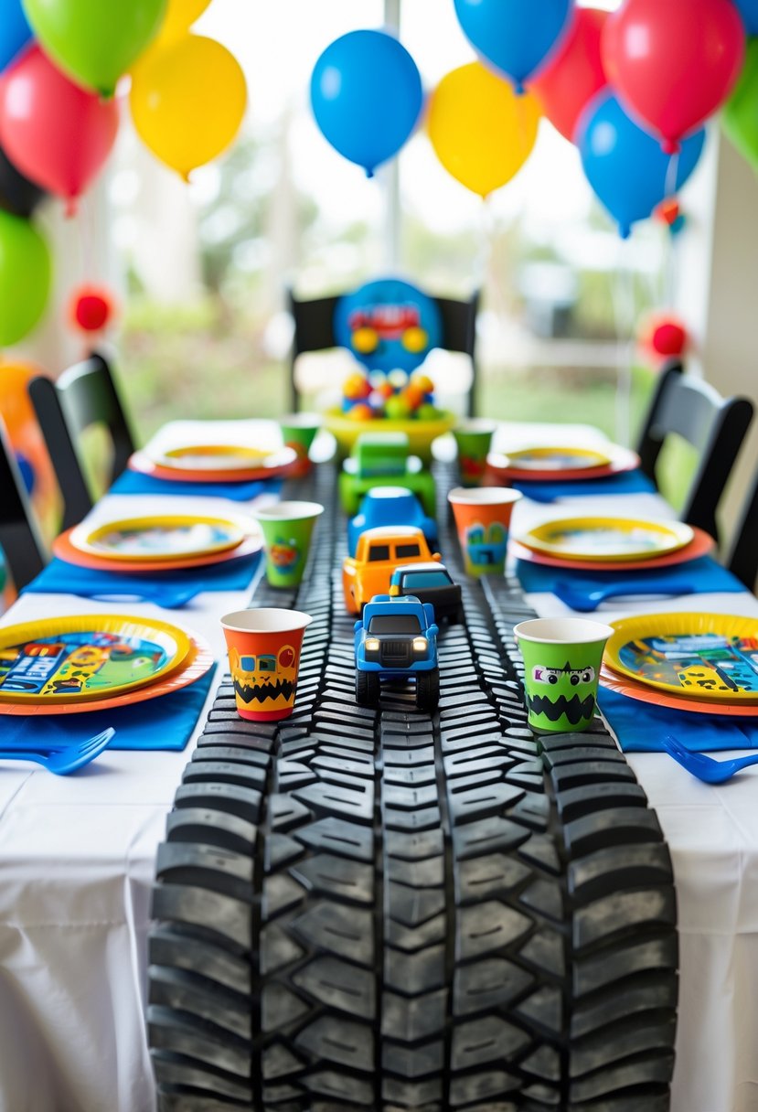 A children's birthday party table decorated with a tire tread patterned table runner and monster truck-themed party supplies.