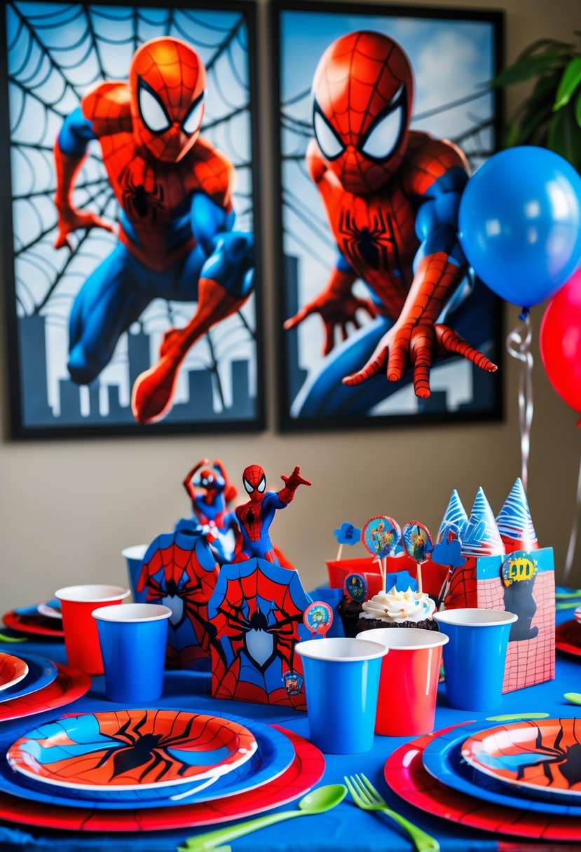 A decorated birthday party table with Spider-Man wall art, balloons, masks, and themed party supplies.