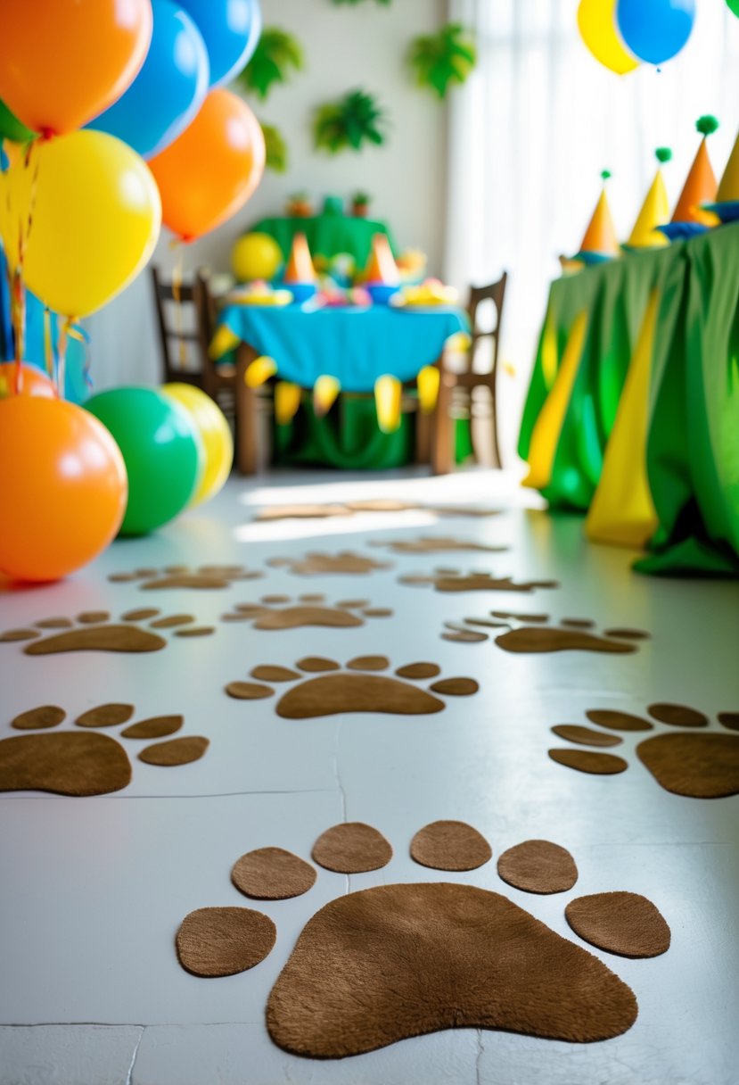Indoor children's birthday party with monkey paw print decals on the floor and colorful decorations around.