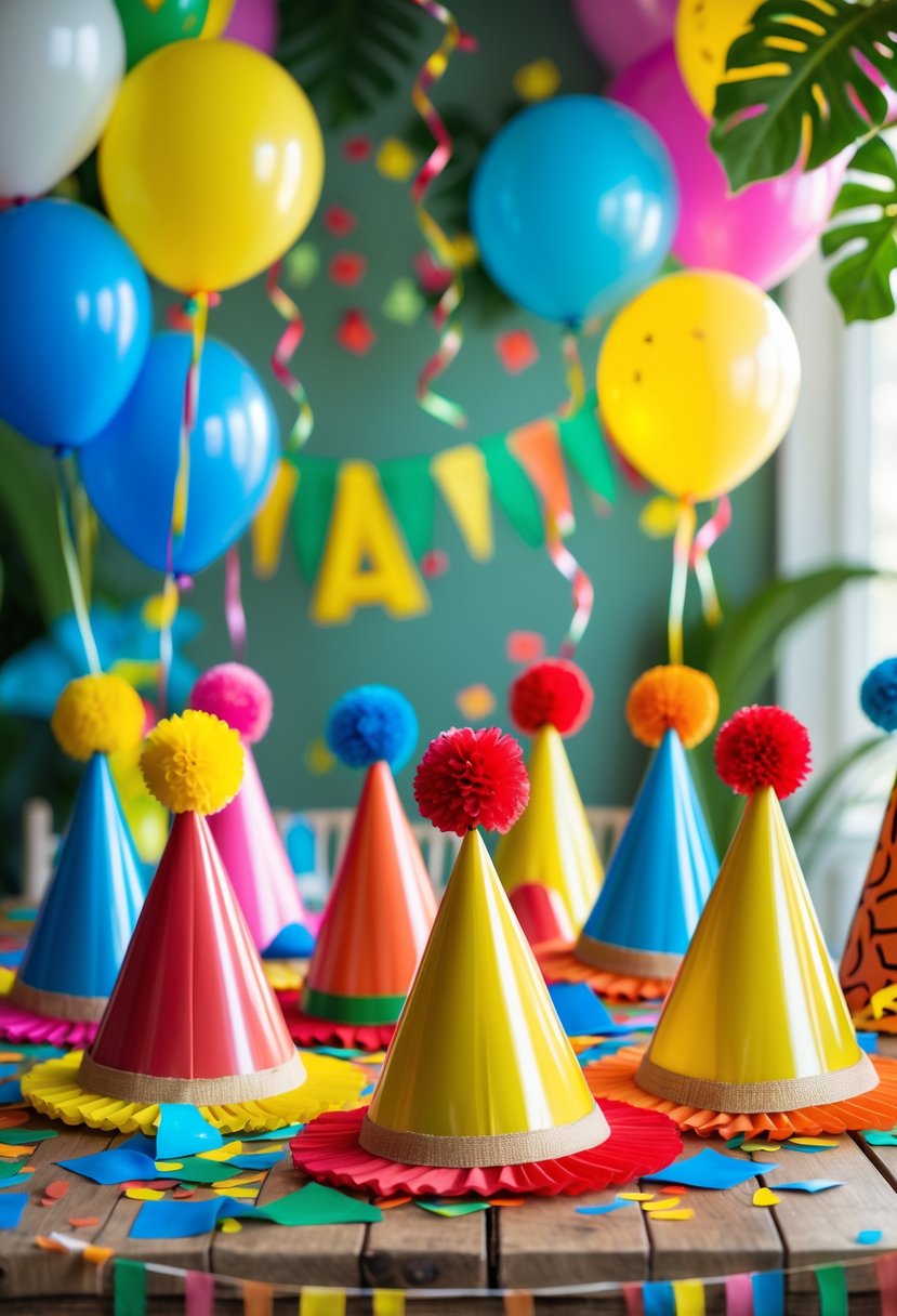 A table with colorful party hats and birthday decorations including balloons and confetti in a festive room with jungle-themed accents.