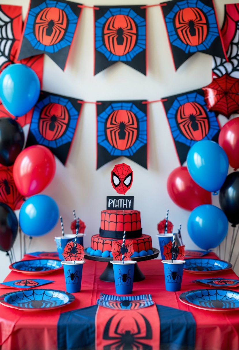 A birthday party setup decorated with Spider-Man themed banners, balloons, and tableware featuring spider web and spider designs.