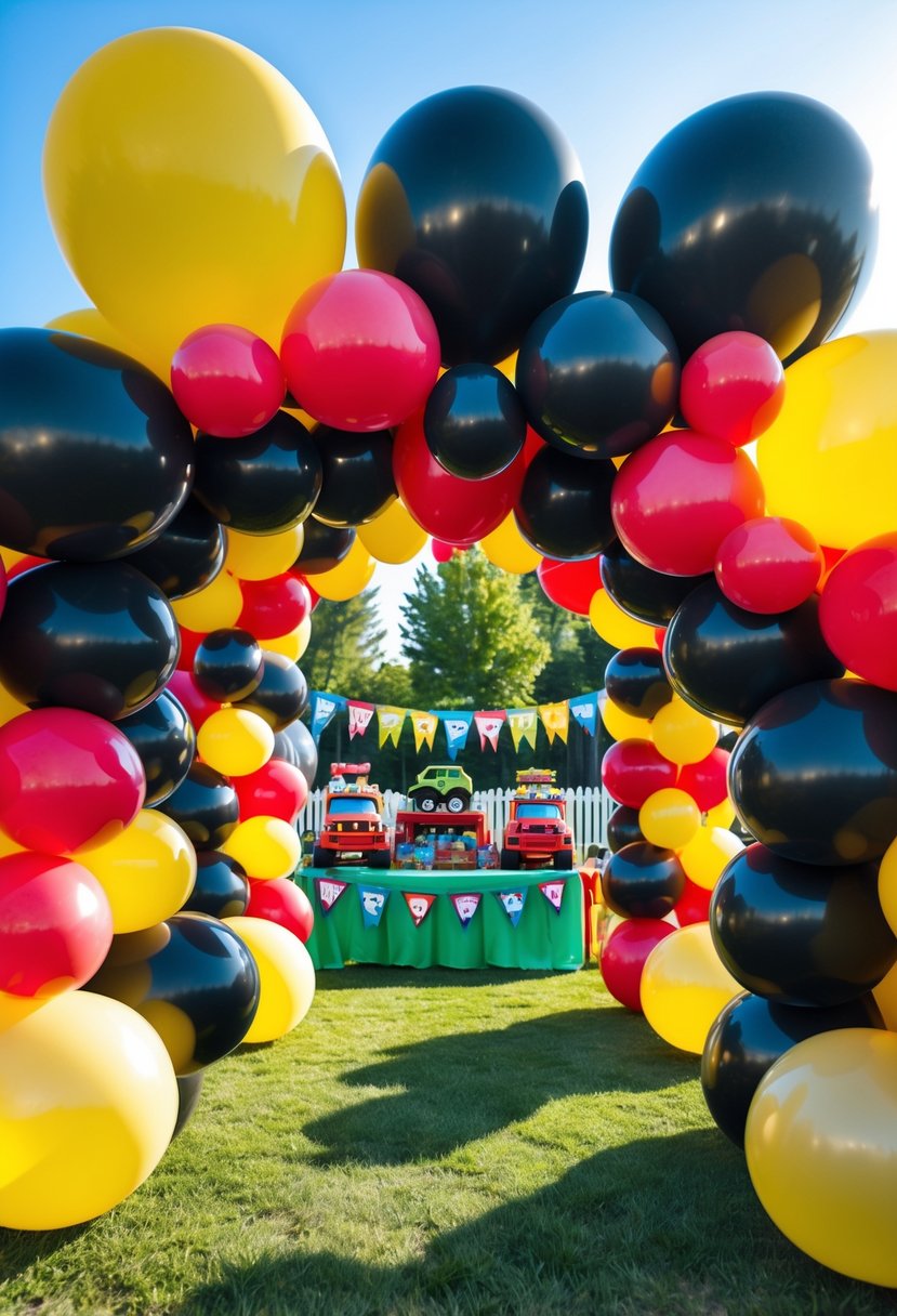 Colorful balloon arches in black, red, and yellow at a kids' monster truck birthday party outdoors.