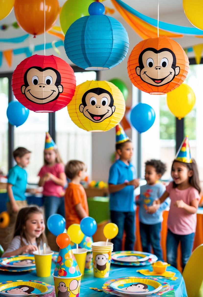 Children's birthday party decorated with colorful Curious George paper lanterns hanging from the ceiling and festive party decorations.