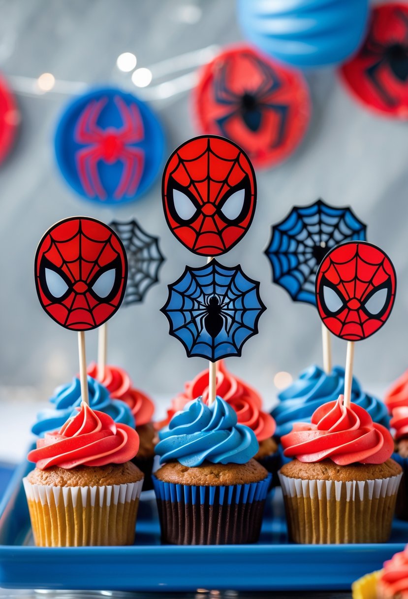 Cupcakes decorated with Spider-Man themed toppers including masks and spider webs arranged for a superhero birthday party.