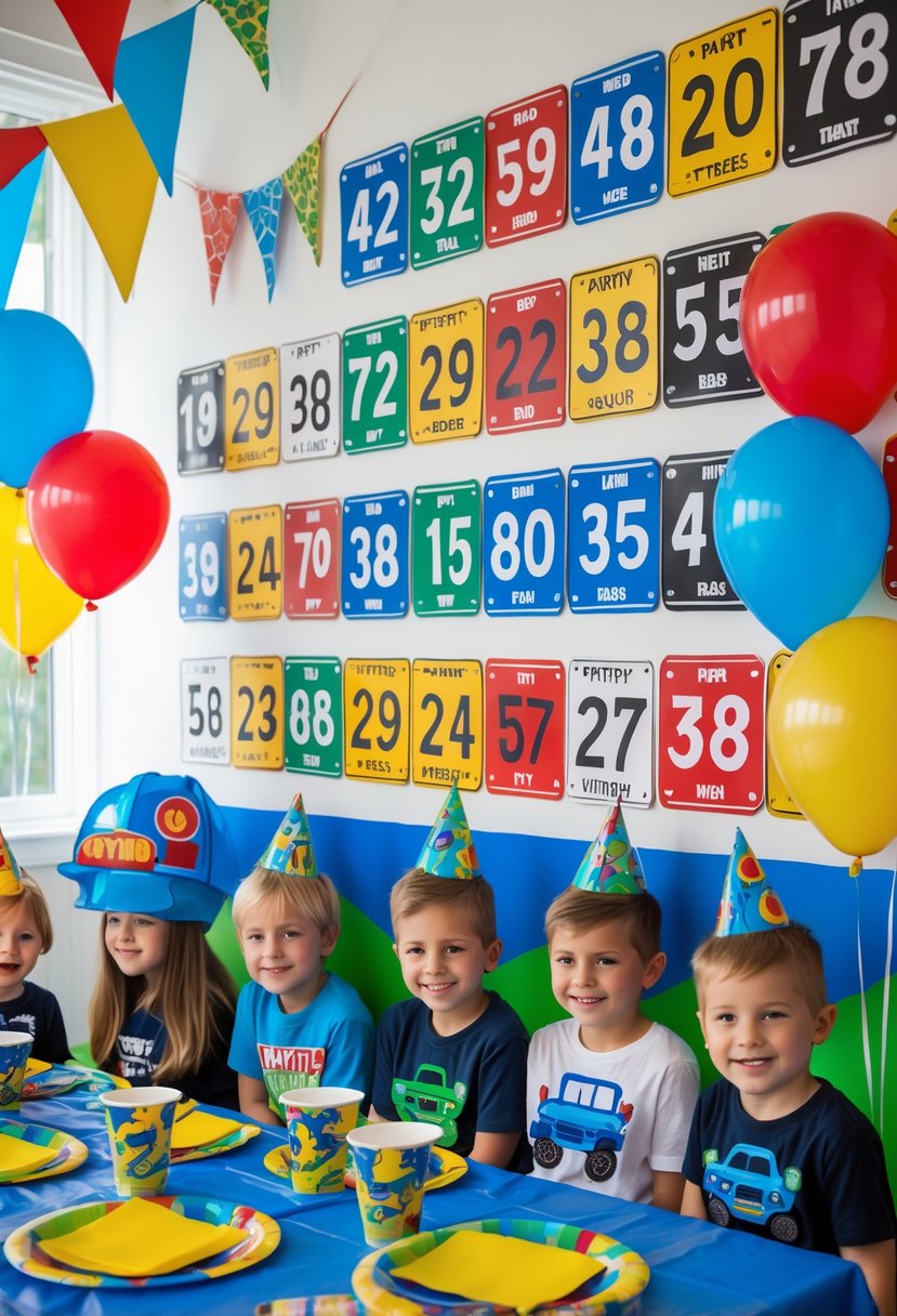 A colorful kids' birthday party room decorated with monster truck license plate decals on the wall, balloons, and children enjoying the celebration.