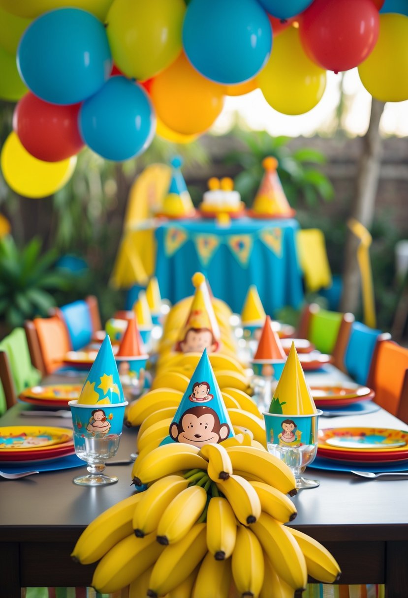 A birthday party table decorated with yellow banana bunch table runners and colorful party decorations inspired by Curious George.
