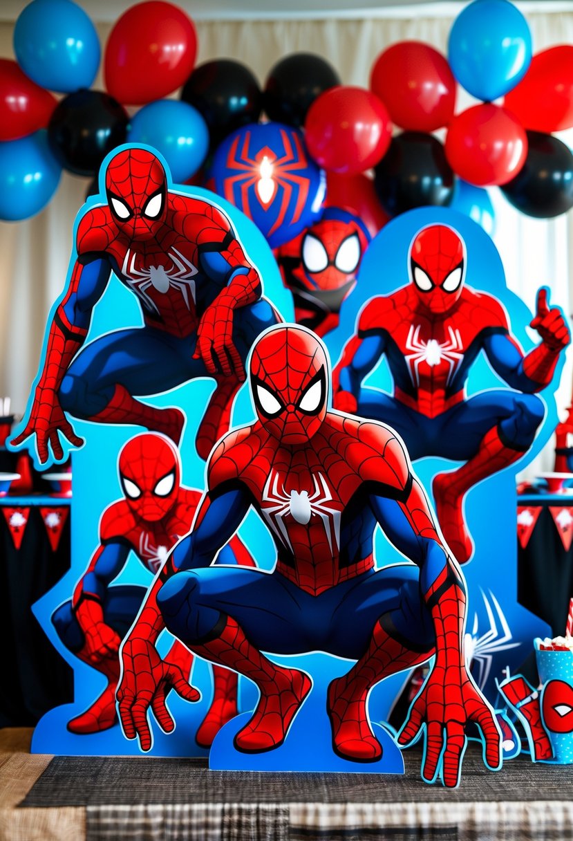 A birthday party scene with multiple Spider-Man character cutouts and colorful superhero-themed decorations.