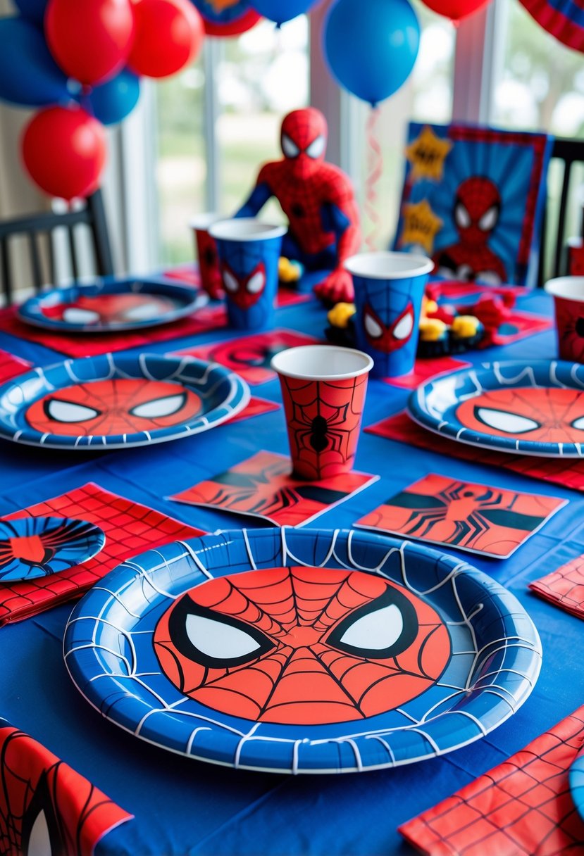 A table set with Spider-Man themed party plates and matching decorations including balloons and cups for a superhero birthday celebration.