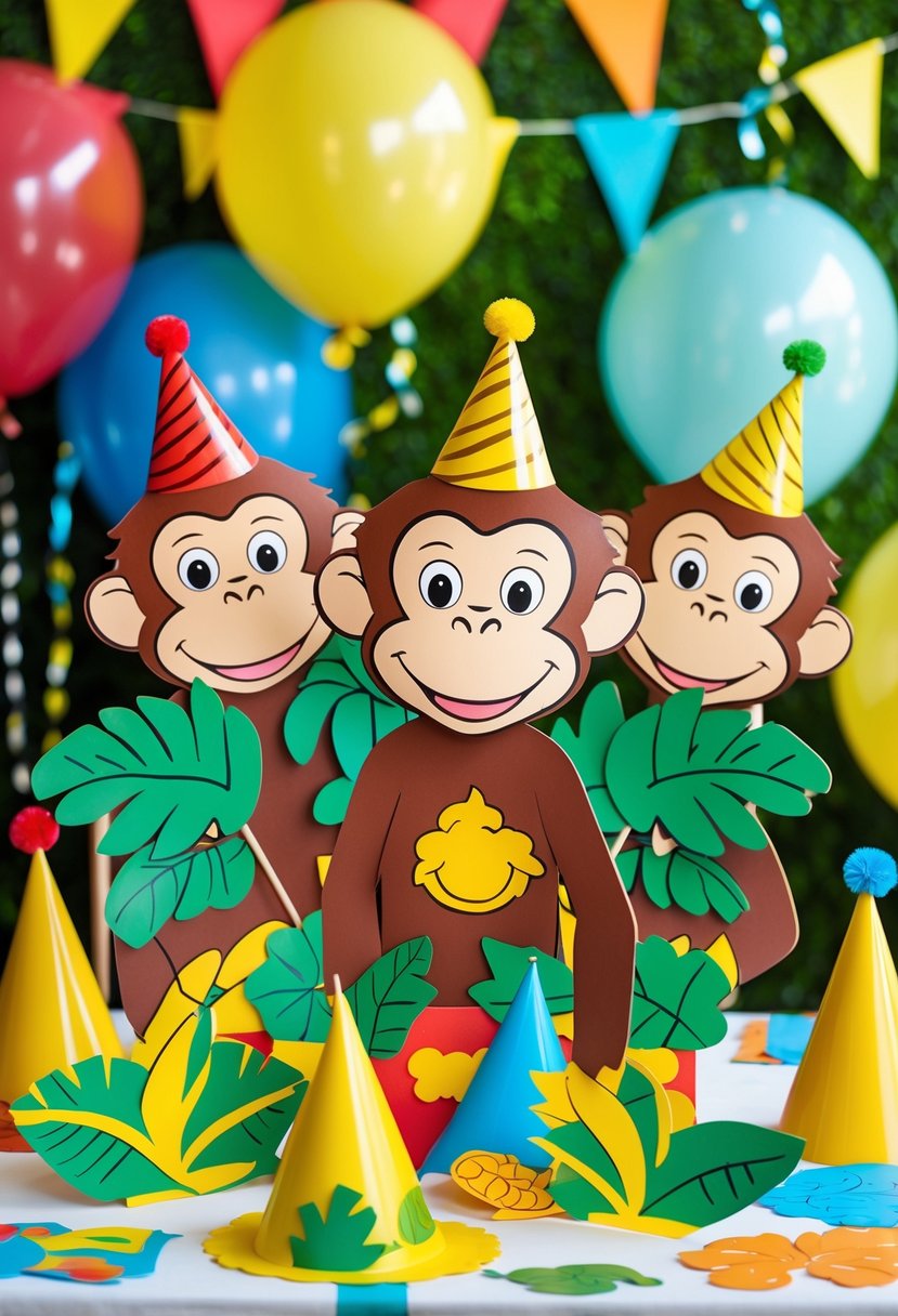 A table with colorful Curious George themed photo booth props and birthday decorations arranged for a celebration.