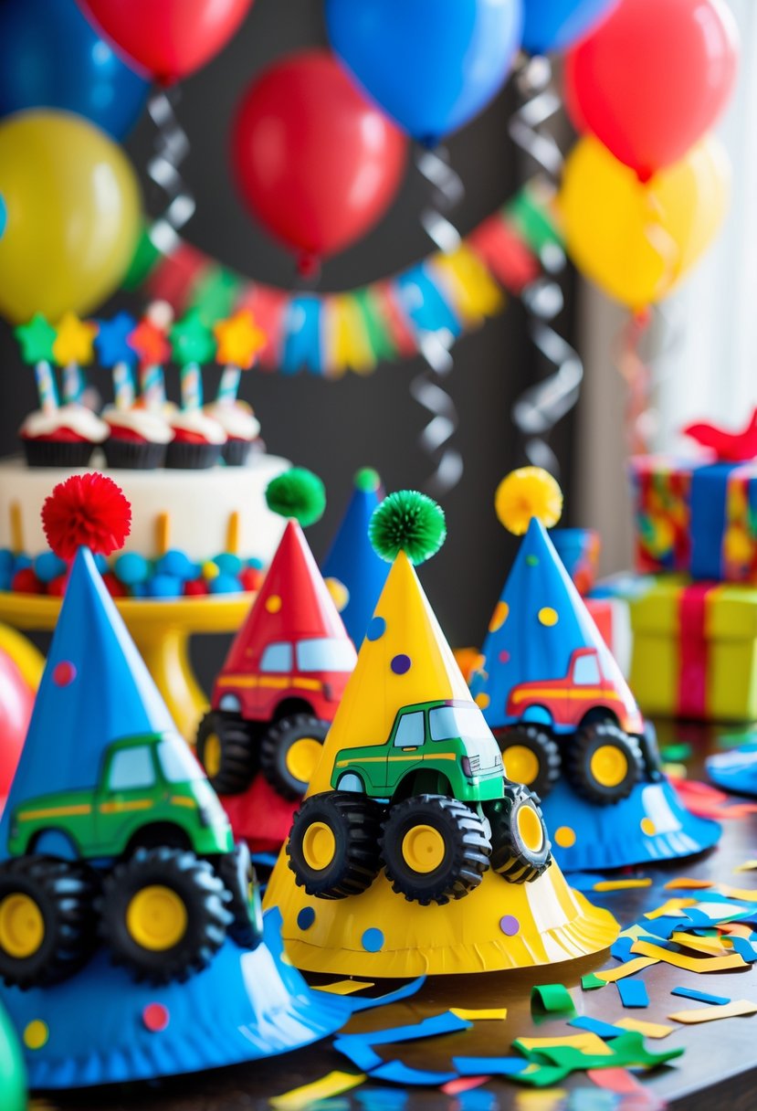 Colorful mini monster truck party hats arranged on a table with birthday decorations and balloons in the background.