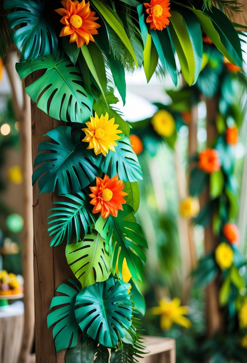 Colorful jungle leaf garlands hanging as decorations at a children's birthday party.