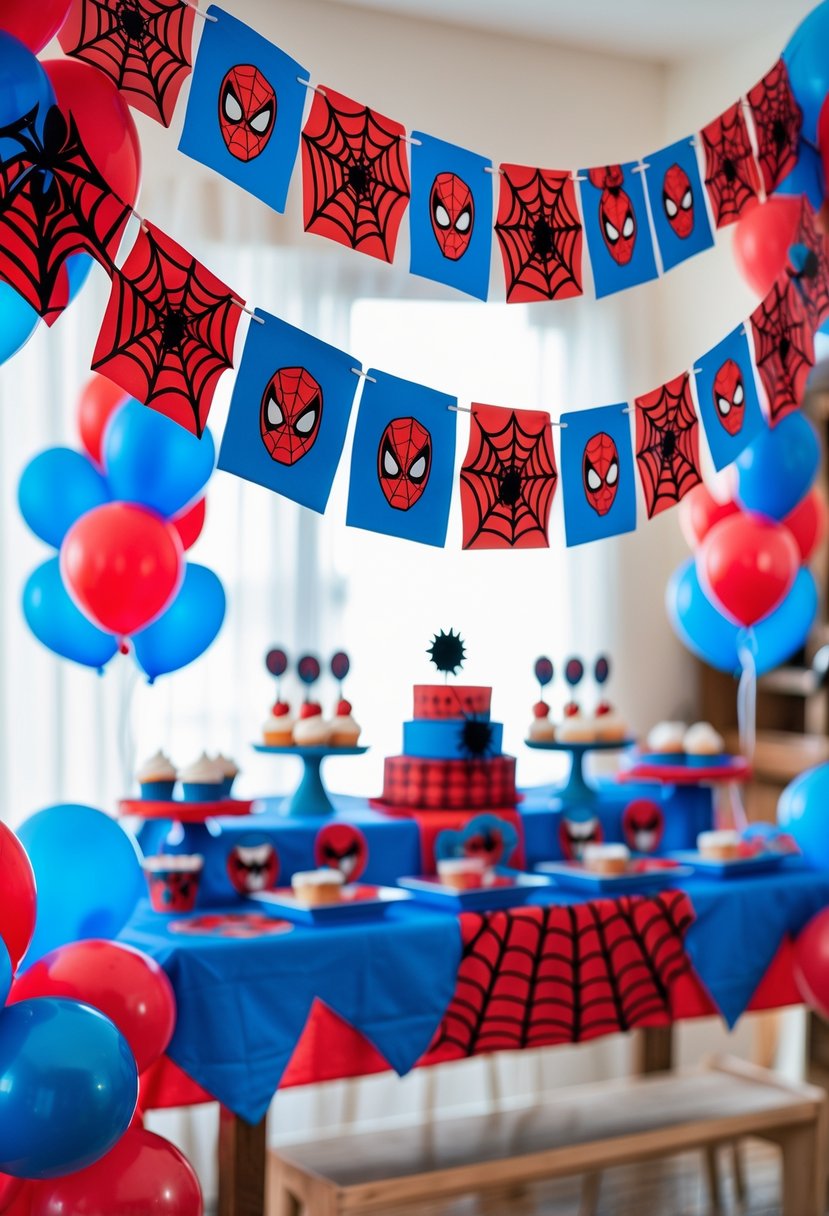 A birthday party decorated with Spider-Man web garlands, colorful balloons, and themed party supplies on a table.