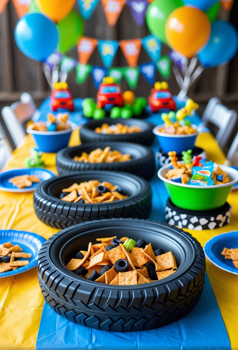 A children's birthday party table with tire-shaped paper plates and bowls, monster truck toys, balloons, and colorful decorations.