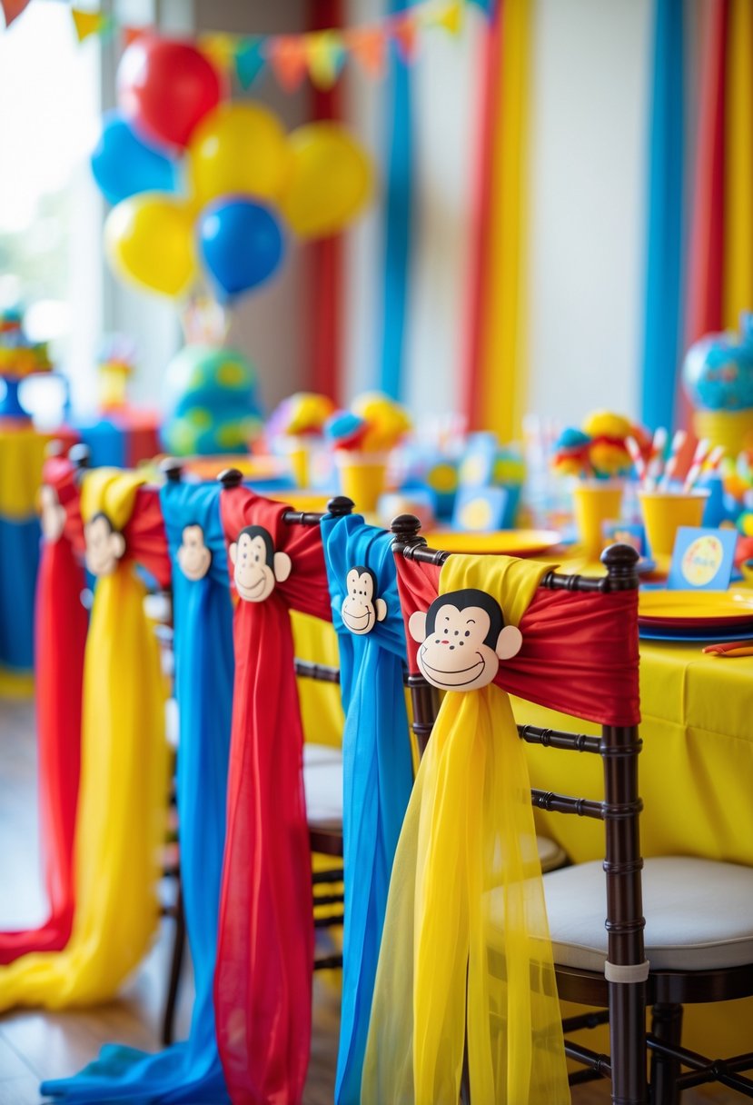 A colorful birthday party scene with chairs decorated with monkey tail sashes and festive party decorations in the background.