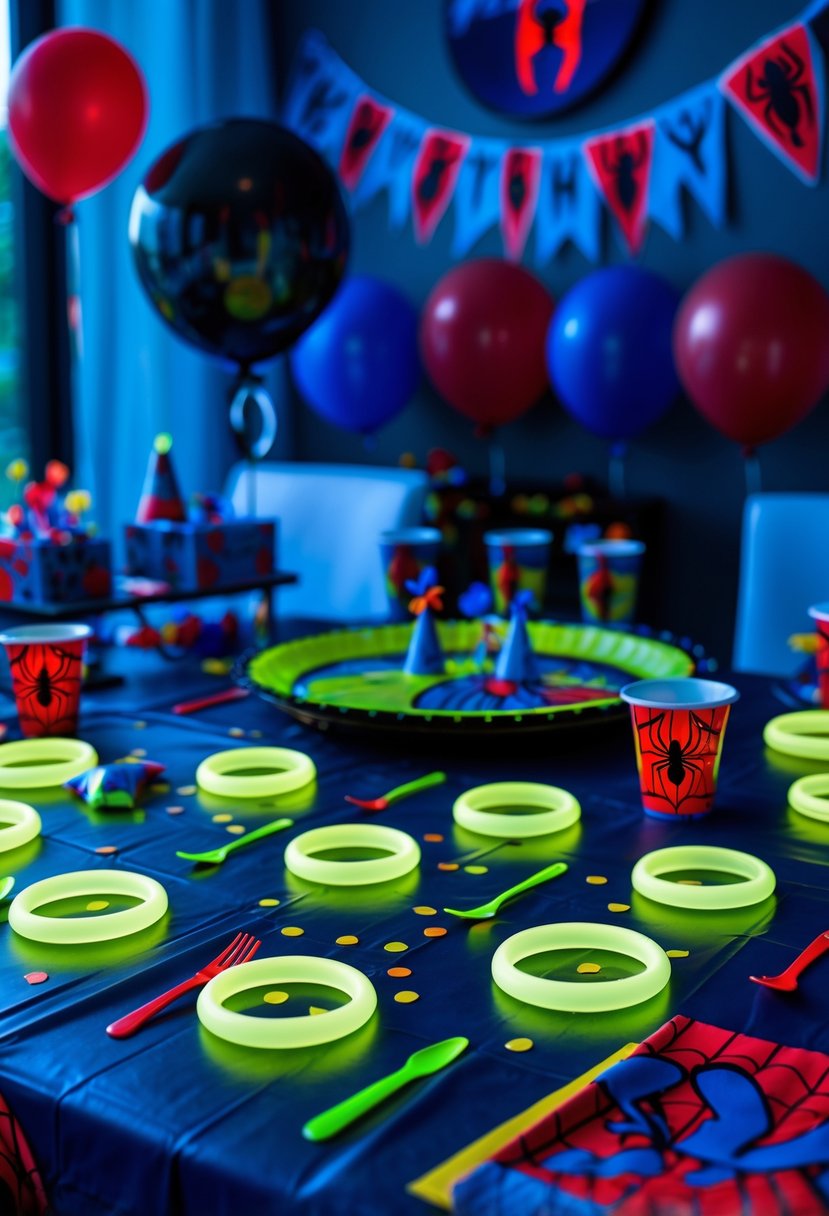 A birthday party table decorated with glowing spider rings, Spider-Man themed plates, cups, balloons, and festive decorations.