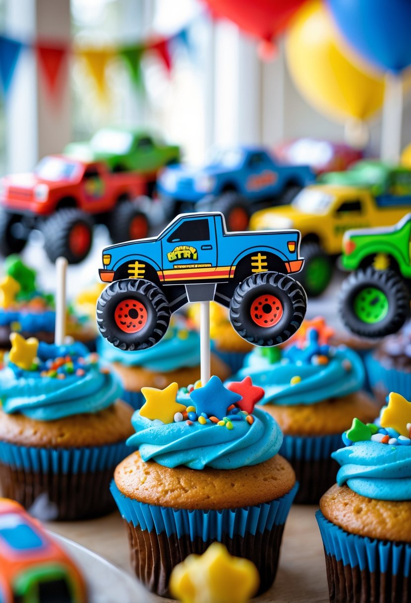 Cupcakes decorated with colorful monster truck toppers arranged on a party table.