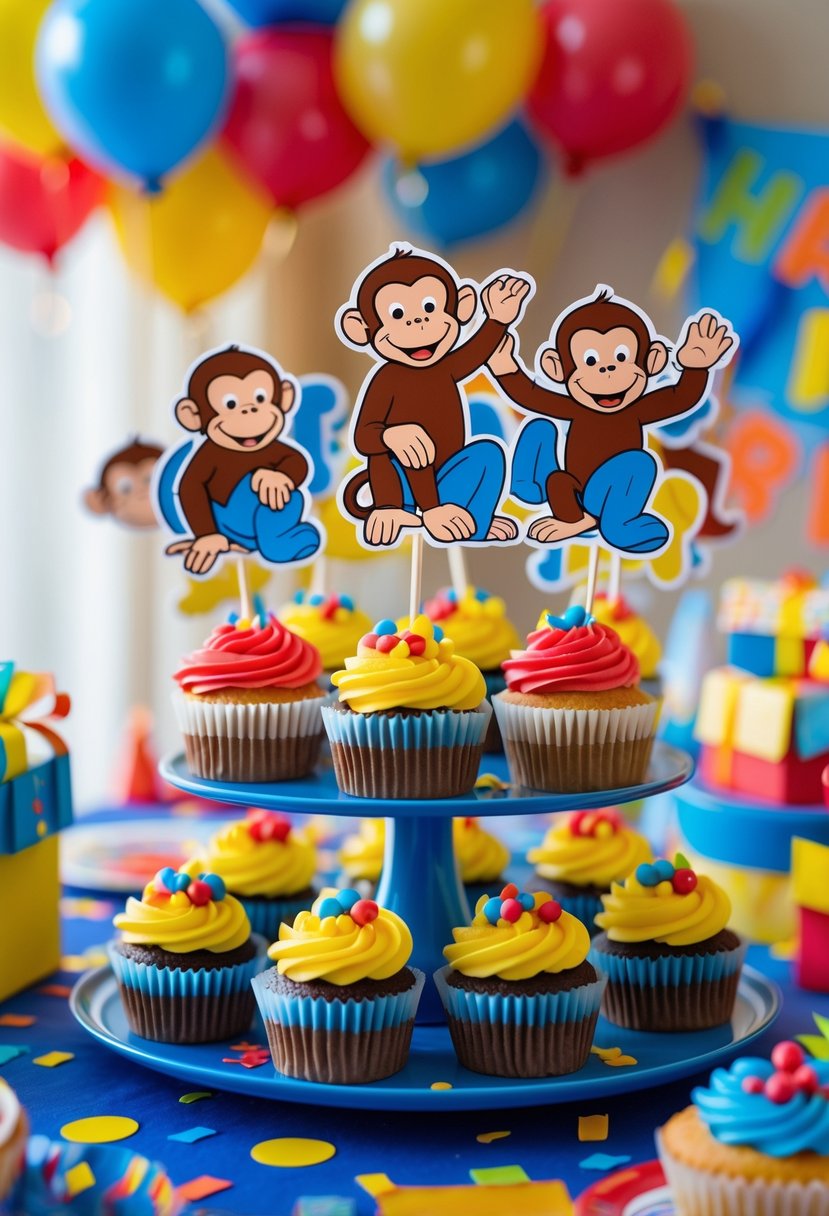 A table with 15 colorful cupcakes topped with Curious George decorations surrounded by birthday party decorations.