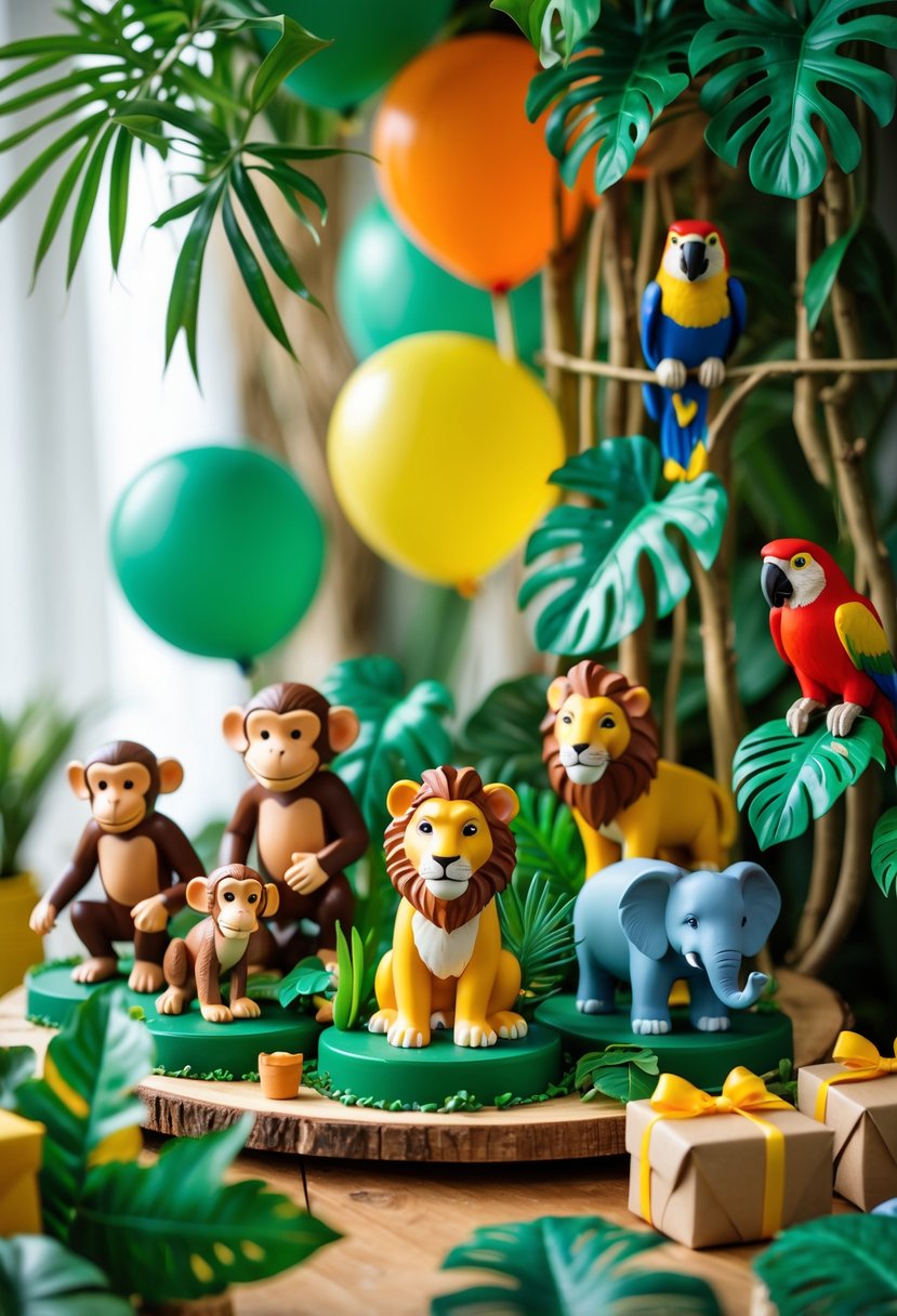 A collection of colorful jungle animal figurines arranged on a table with tropical leaves and party decorations.