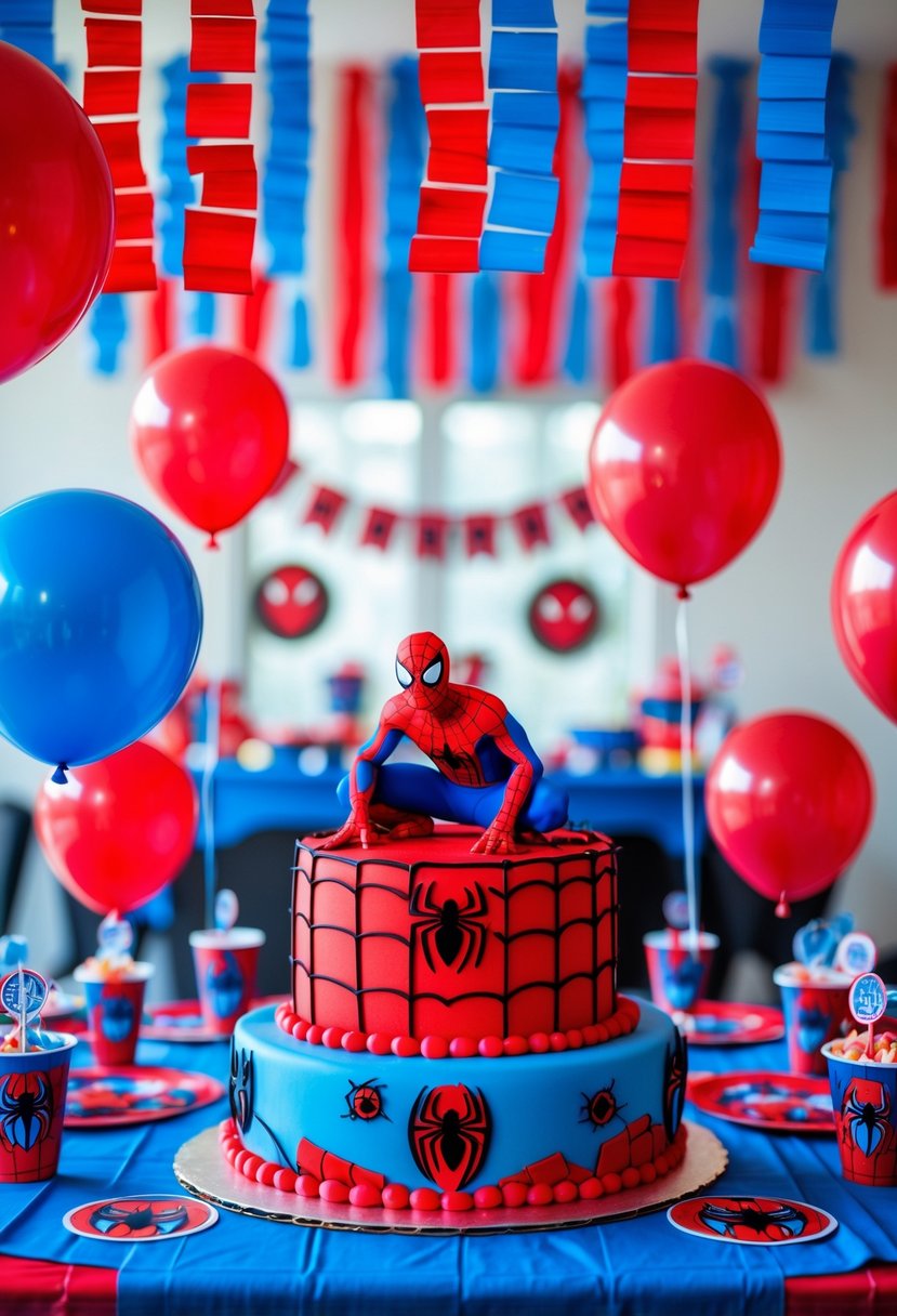 A birthday party decorated with red and blue streamers and Spider-Man themed decorations including balloons and a cake.