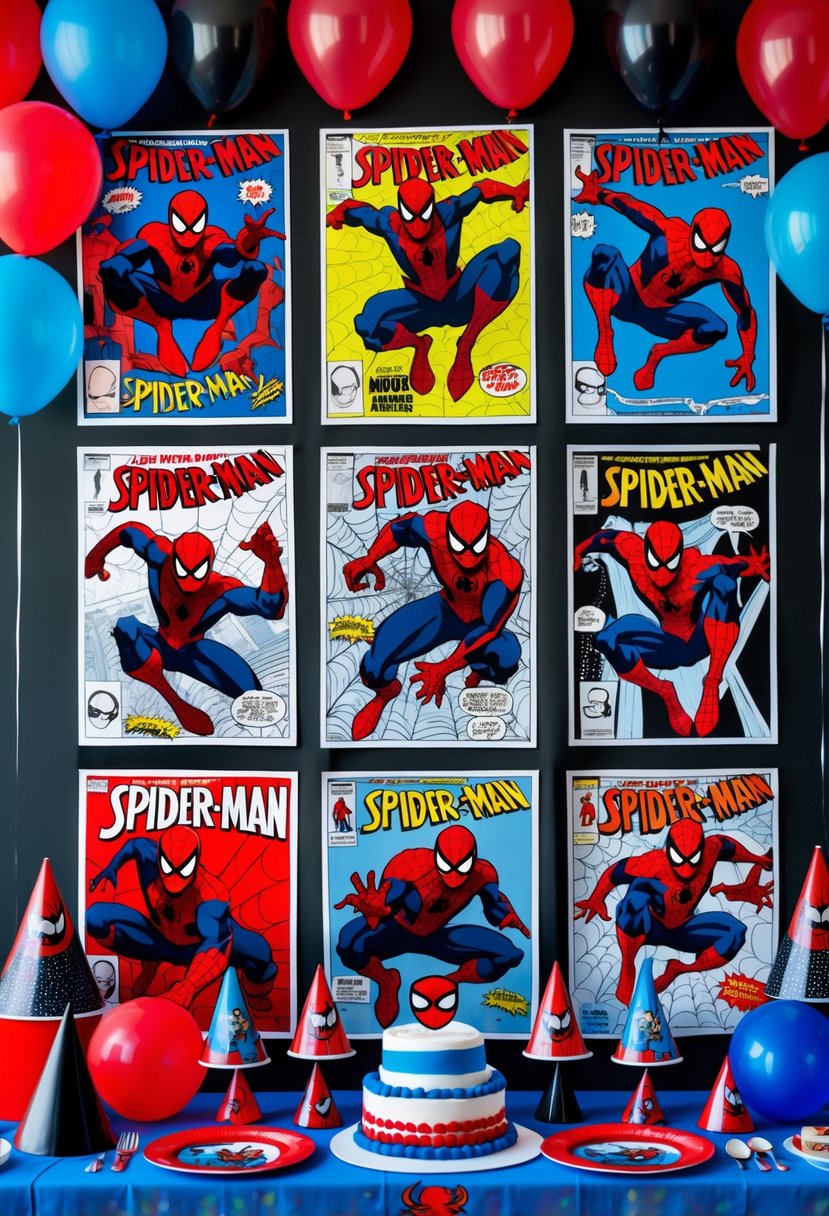 A collection of Spider-Man comic strip posters displayed on a wall with Spider-Man themed birthday party decorations including balloons and party hats.