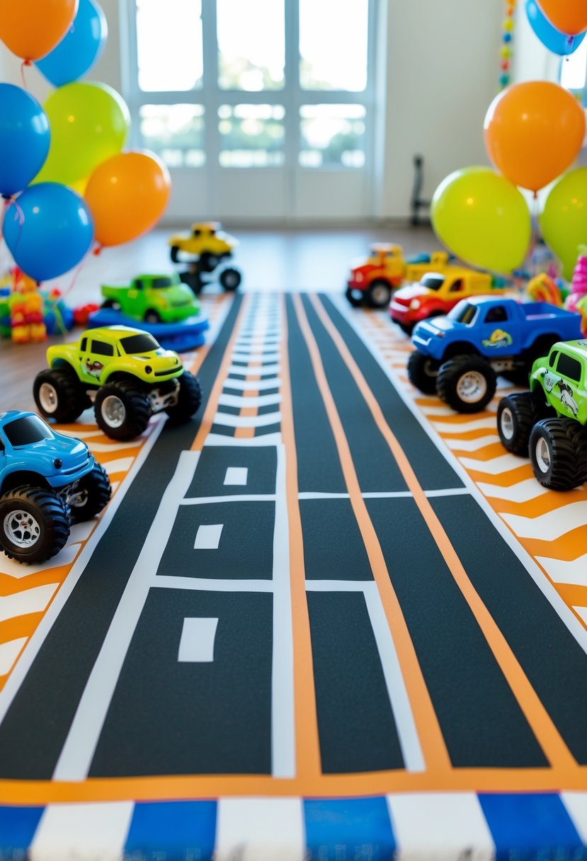 A children's birthday party setup with race track floor decals and monster truck-themed decorations including toy trucks and colorful balloons.