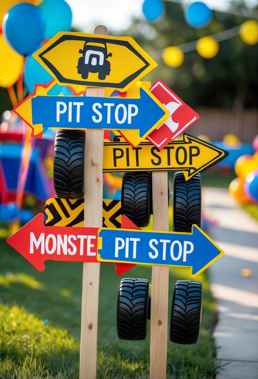 Colorful directional signs shaped like pit stops with monster truck decorations placed outdoors on grass at a children's birthday party.