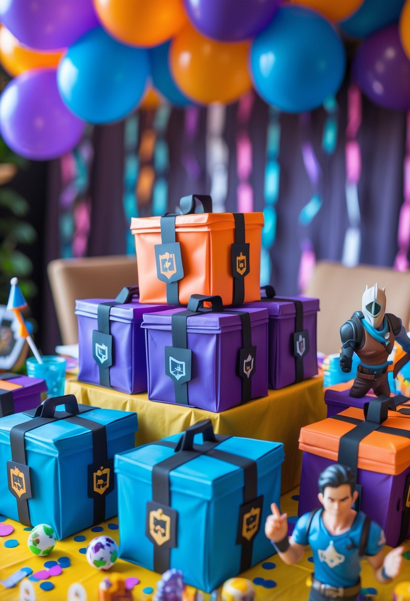 A birthday party table decorated with colorful Fortnite supply drop loot box centerpieces, balloons, and gamer-themed decorations.