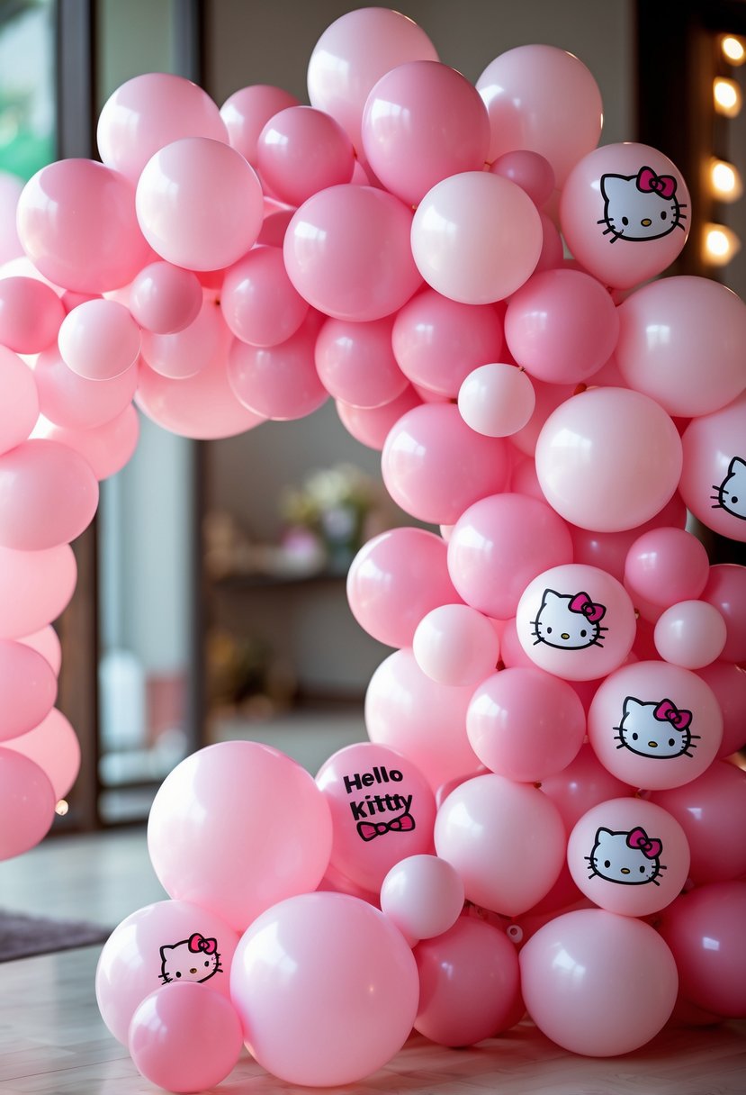 A pink balloon arch decorated with Hello Kitty themed balloons at a children's birthday party.