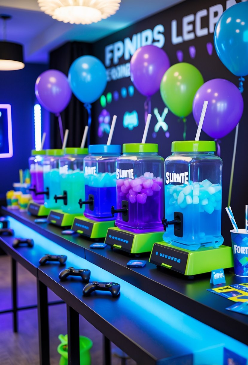A colorful drink station with blue and purple beverages and gaming decorations set up for a Fortnite-themed birthday party.