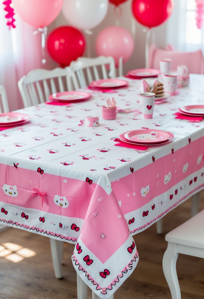 A birthday party table covered with a white and pink Hello Kitty themed tablecloth with bow accents, set with plates and cups, surrounded by pink and red decorations.