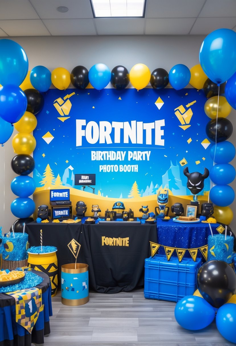 A colorful Fortnite-themed birthday party photo booth decorated with gaming props, balloons, and themed decorations.