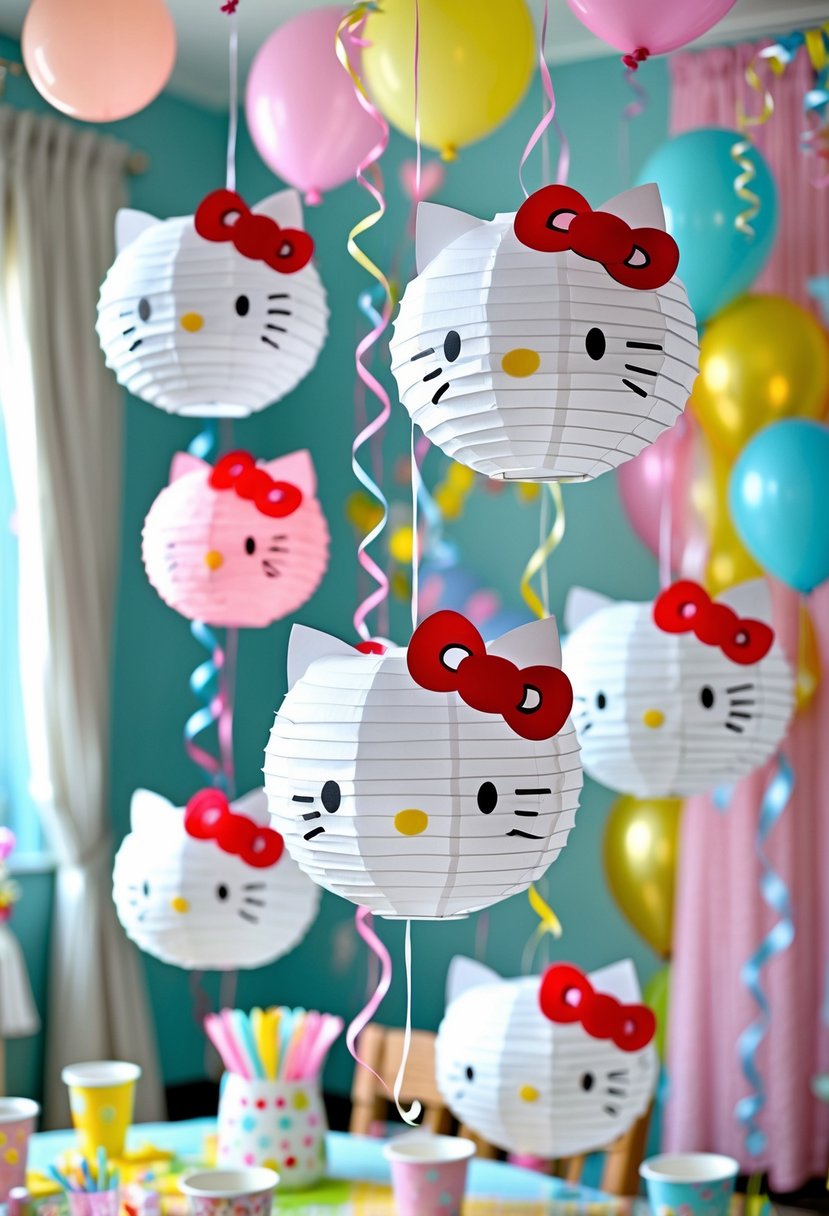 A room decorated with handmade Hello Kitty paper lanterns hanging from the ceiling, surrounded by balloons and birthday party decorations.