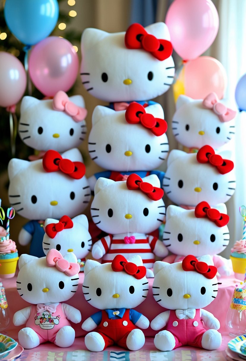 A table decorated with 17 Hello Kitty plush dolls and colorful birthday party decorations.