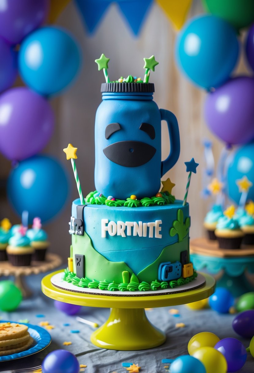 A birthday cake with a Chug Jug cake topper surrounded by colorful party decorations in a festive setting.