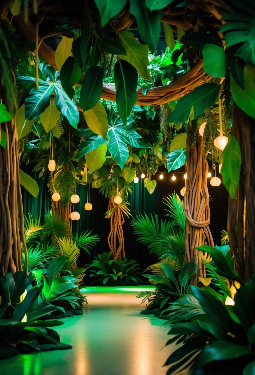 A birthday party venue decorated with jungle leaf garlands and vines draped around the space, creating a lush, wild atmosphere.