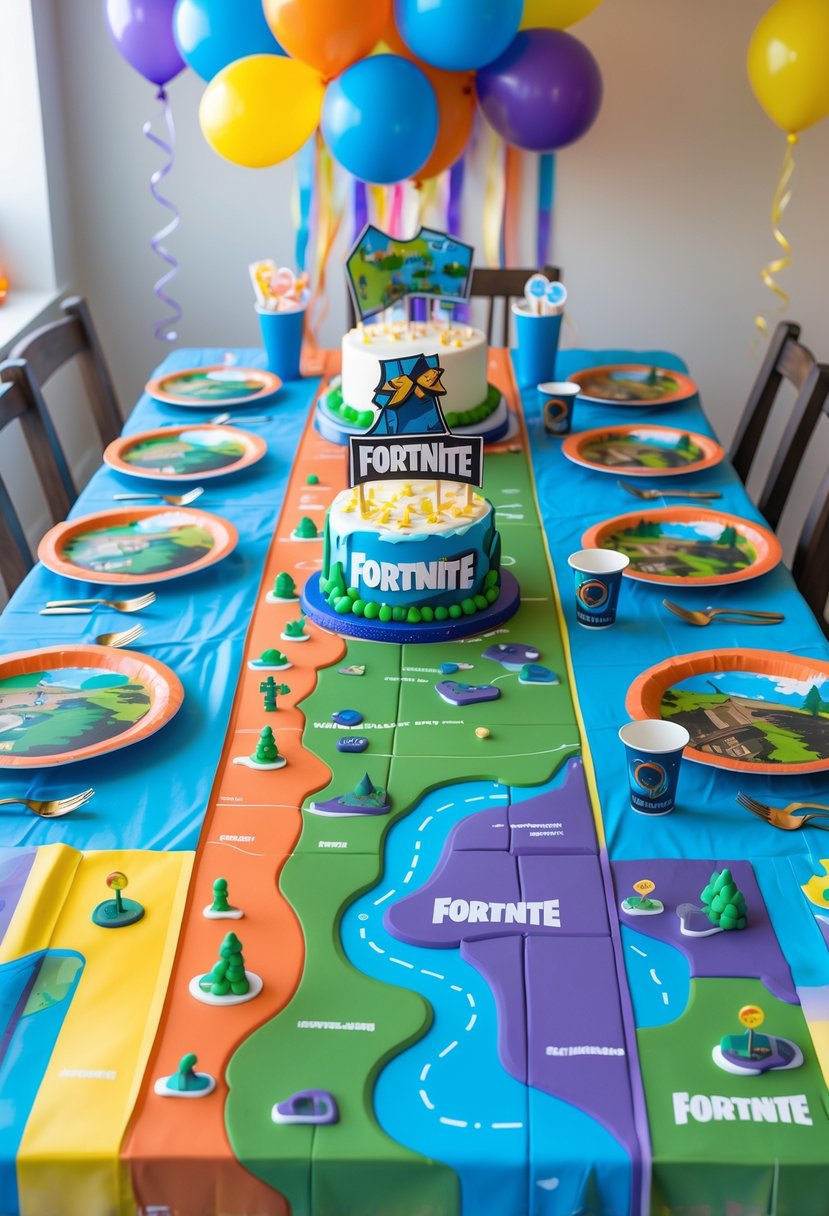 Birthday party table decorated with colorful Fortnite map location table runners and gamer-themed party supplies.