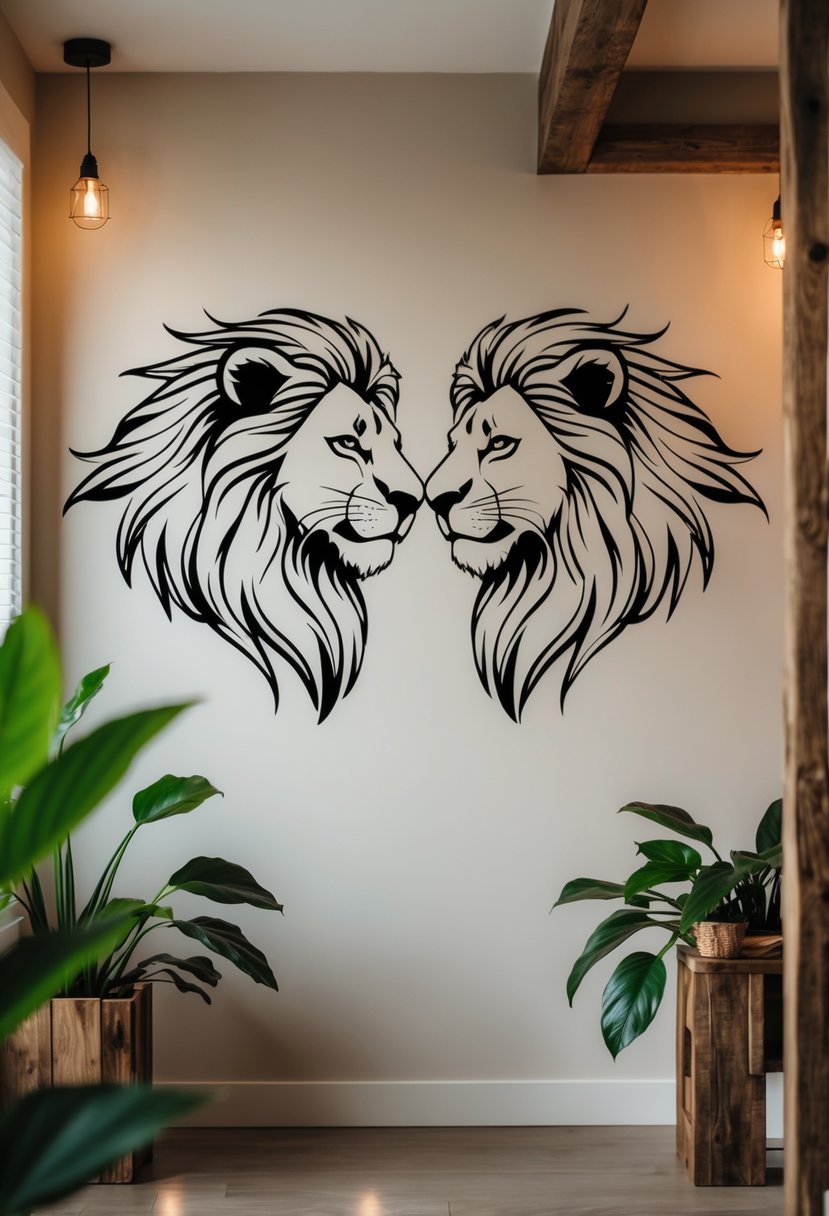 Silhouette wall decals of two lions facing each other on a decorated wall for a birthday party with jungle-themed decorations.