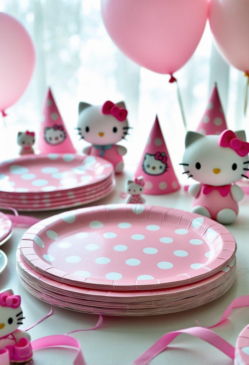 Pink and white polka dot paper plates arranged on a table with birthday party decorations including balloons and ribbons.